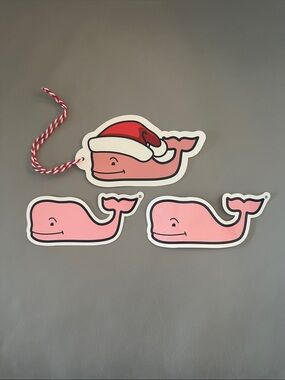 Vineyard Vines Pink Whale Holiday Tag/Decal and Two Whale Decals